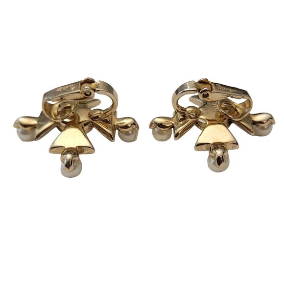 Trifari Gold Tone Clear Rhinestone Faux Pearl Maltese Cross Clip Earrings, M1003 - Picture 4 of 9